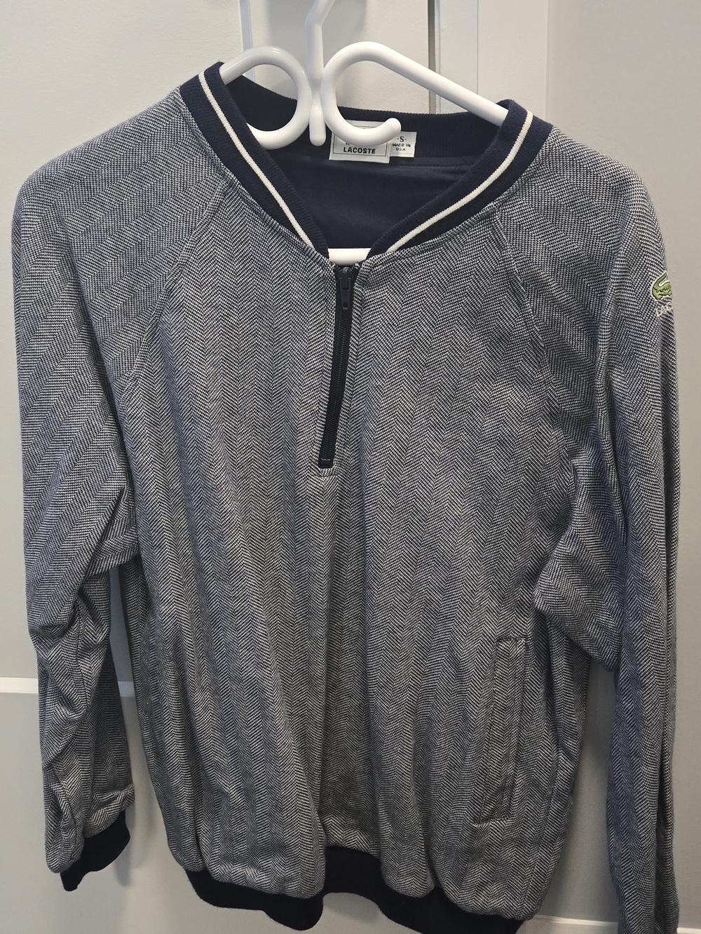 Lacoste Men’s Navy and White Herringbone Half-Zip Sweater